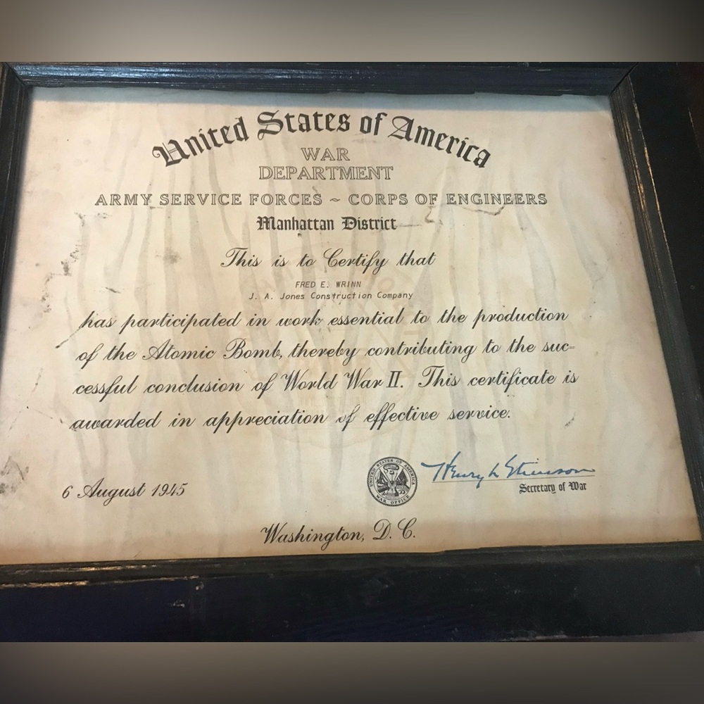 Authentic WWII Manhattan Project Certificate
